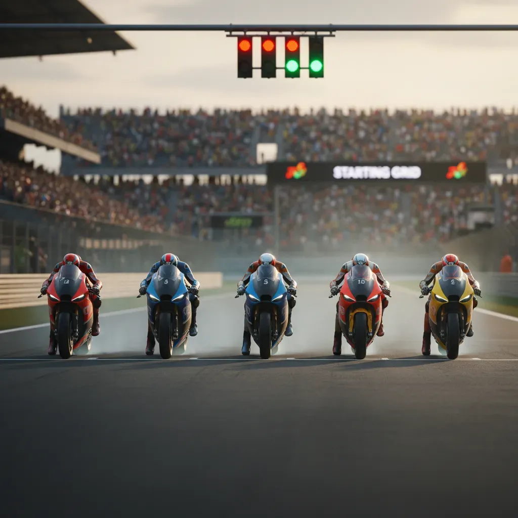 A wide, cinematic shot of several generic MotoGP bikes lined up on the starting grid. The focus is on the front row, wit