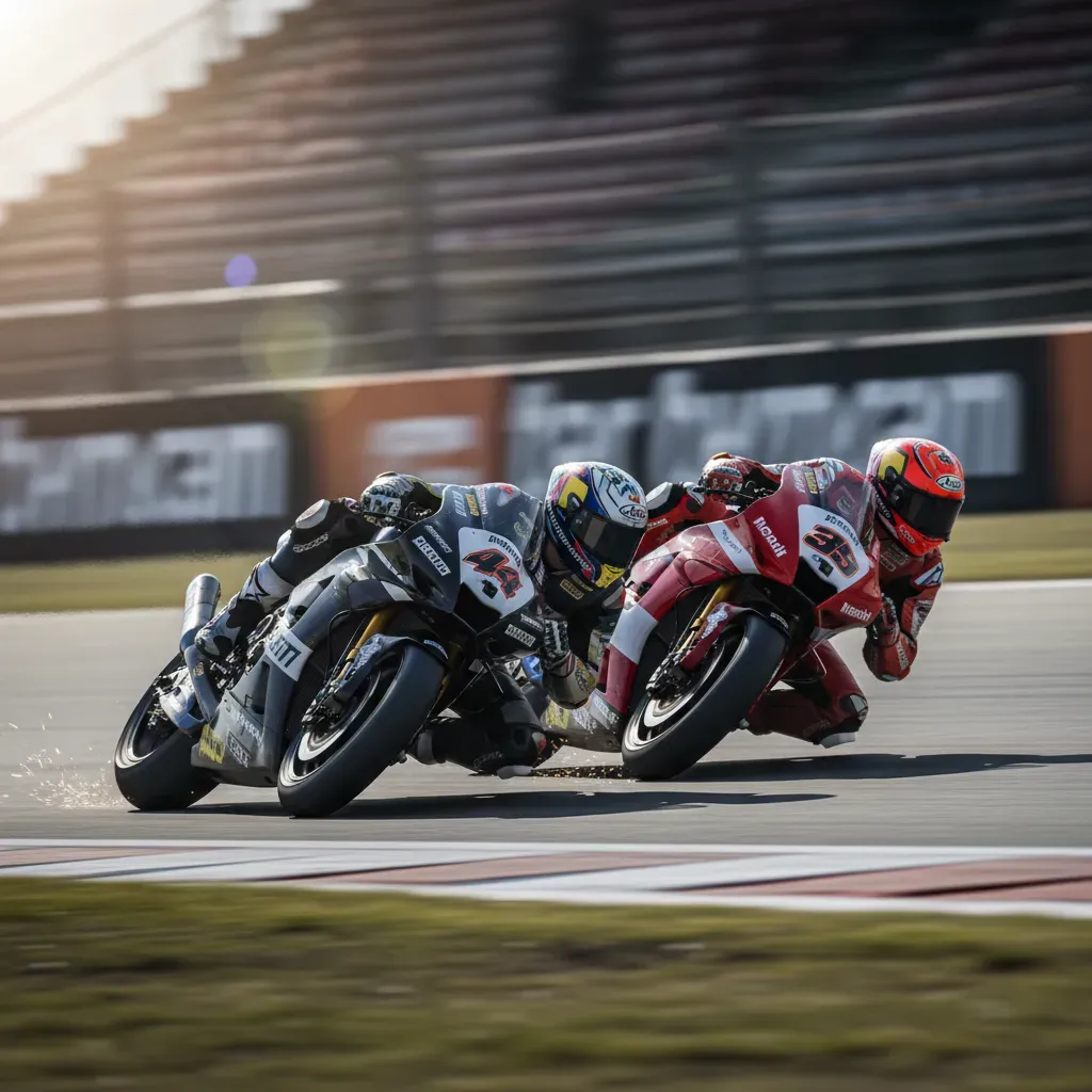 An action shot of two generic MotoGP riders leaning at an impossible angle through a fast corner, almost knee-to-knee. T