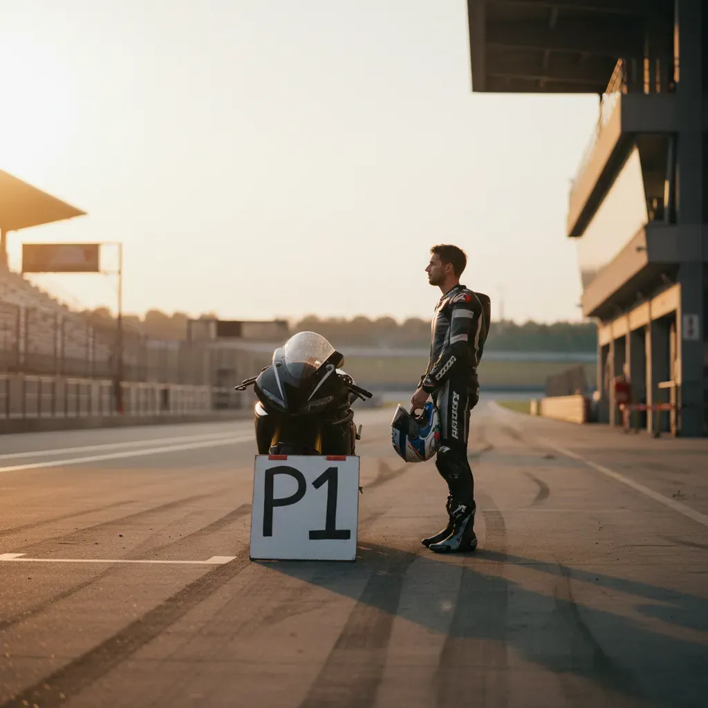 An atmospheric, wide shot of a lone rider standing next to their motorcycle in parc fermé (the post-session holding area