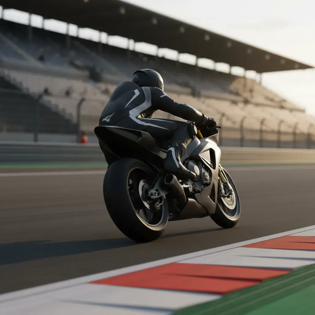 A rider on a sleek, minimalist race bike is at maximum lean angle, their body completely off the bike, mid-corner on a p