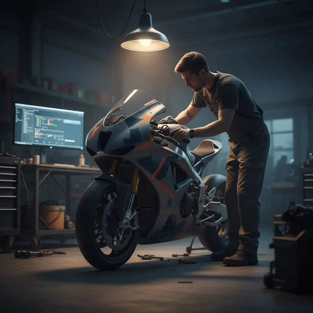 Inside a dimly lit garage after the final practice session, a single mechanic polishes the windscreen of a race bike. Th