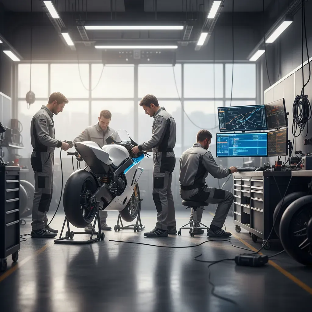 A photorealistic shot inside a brightly lit MotoGP-style garage. Anonymous mechanics in neutral team gear are working di