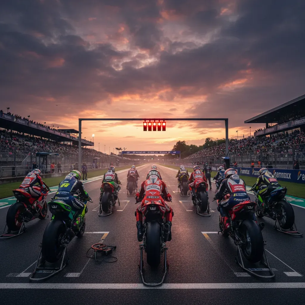 A wide, atmospheric, photorealistic shot of a starting grid from behind the last row of bikes. The track stretches out a