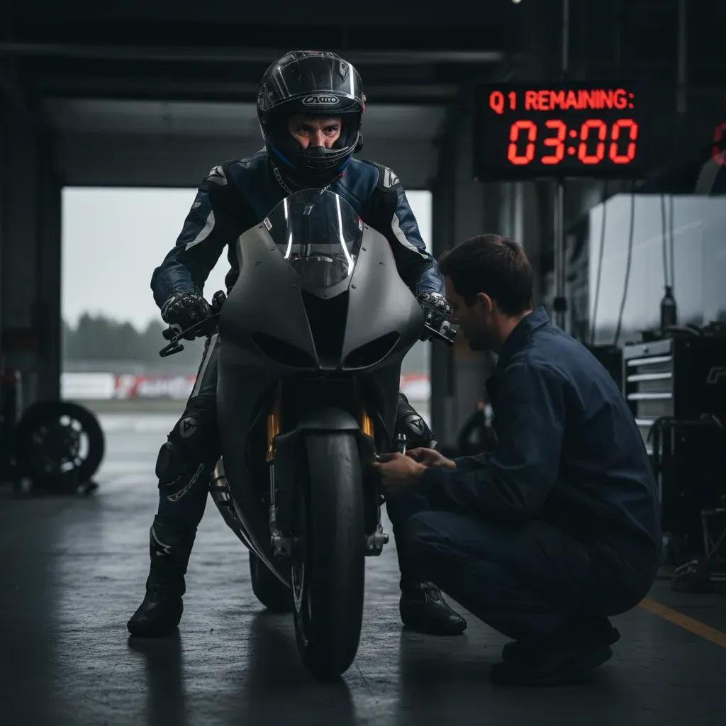 A tense, fly-on-the-wall photo from inside a garage during the final minutes of Q1. A rider, helmet on with visor up, si