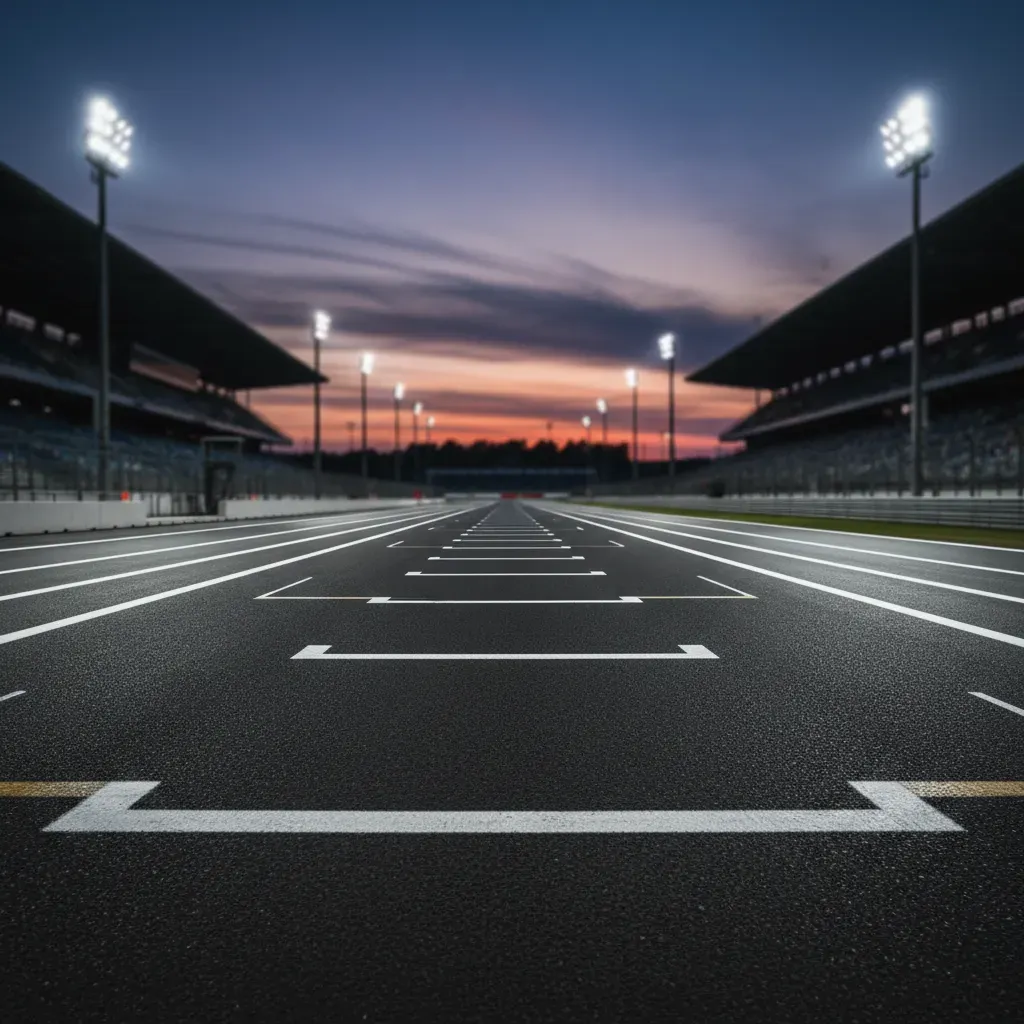 An atmospheric, wide shot of the starting grid after qualifying has finished. The tarmac is empty, marked with pristine