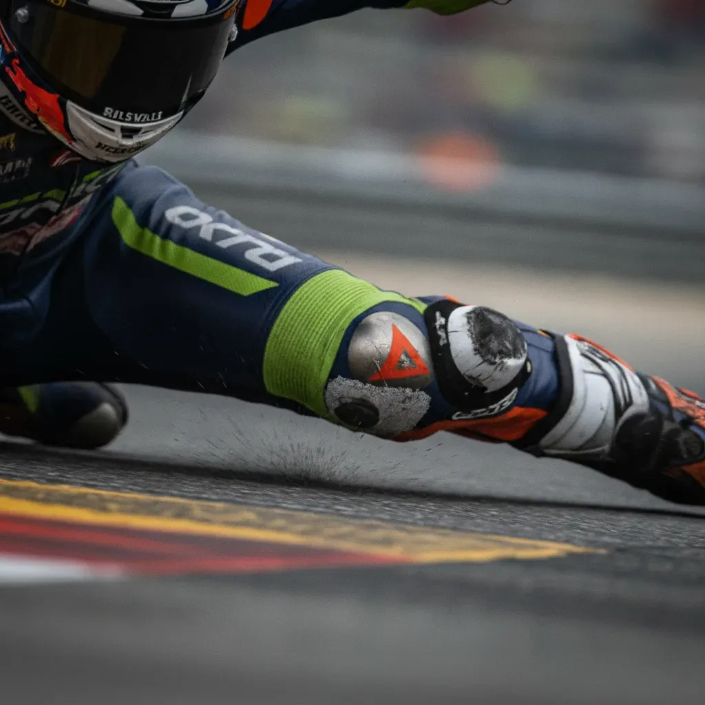 A close-up view of a worn knee slider on a MotoGP rider's suit as they lean through a corner.