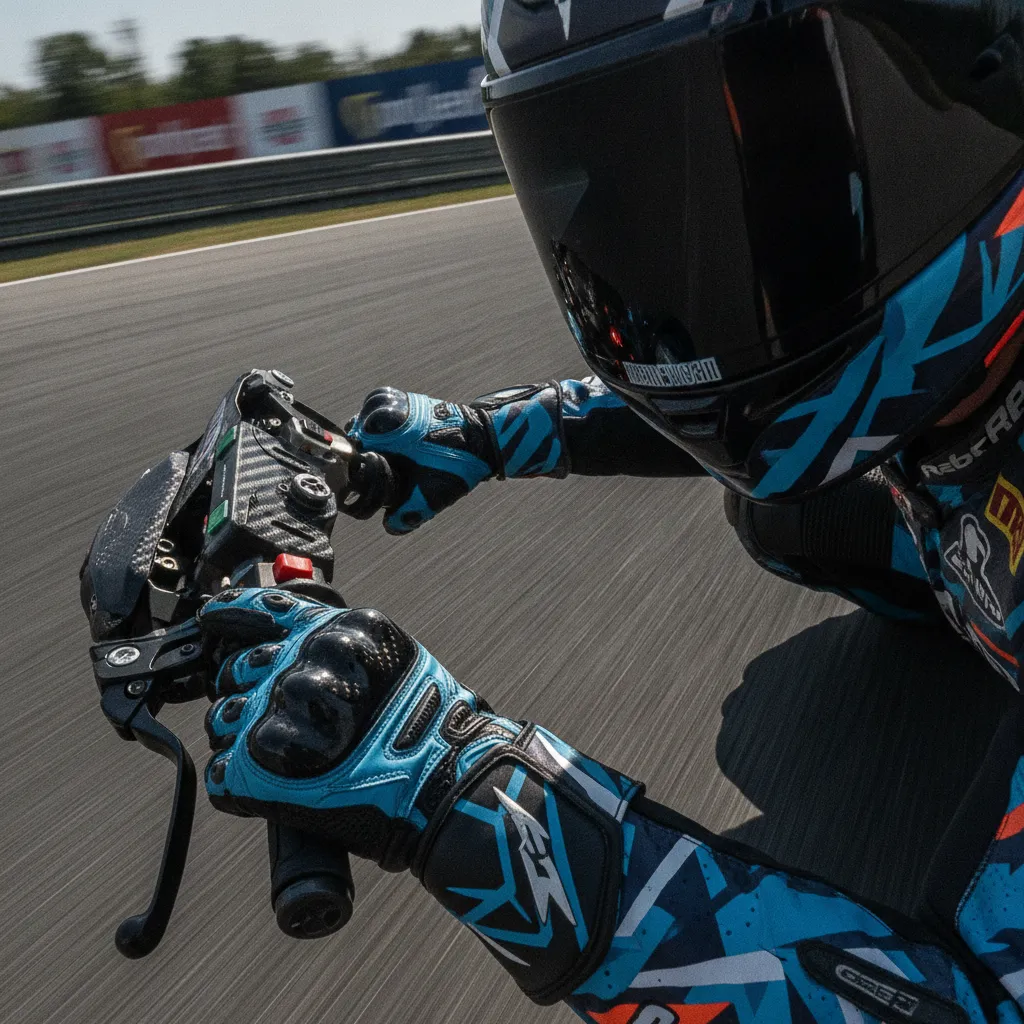A close-up of a MotoGP rider's gloved hands gripping the handlebars and controls of their bike.