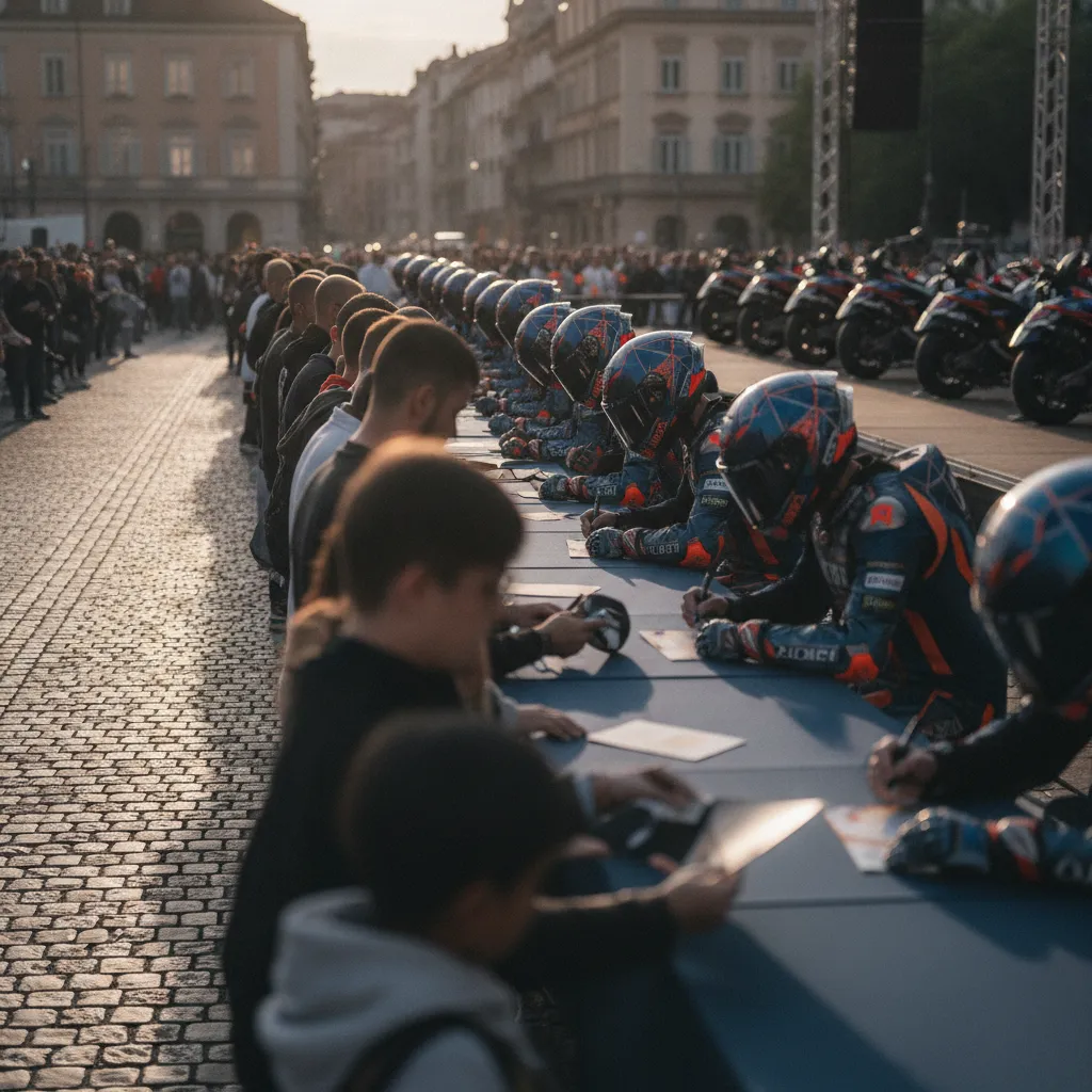 Several motorcycle racers signing merchandise for a queue of fans at an outdoor event.