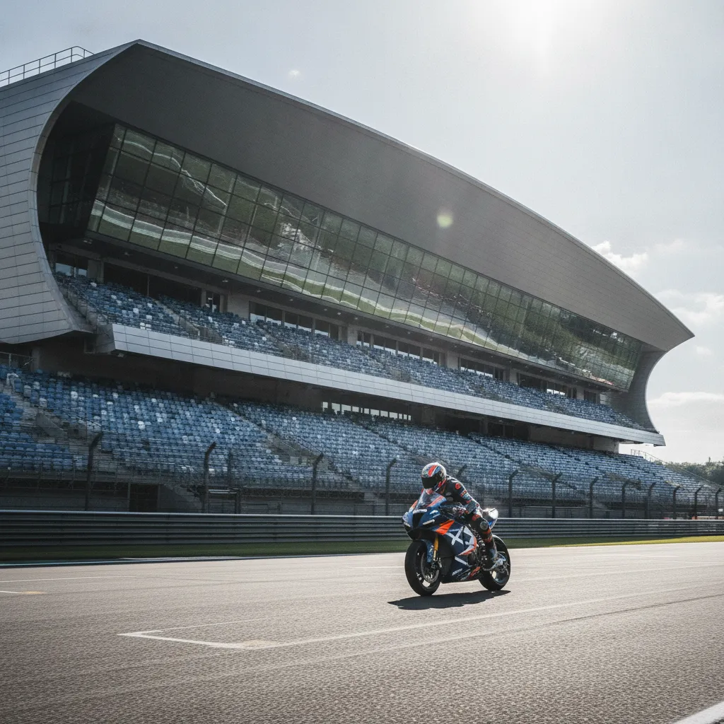 A view of the modern pit and paddock building at the famous Silverstone race circuit in the UK.