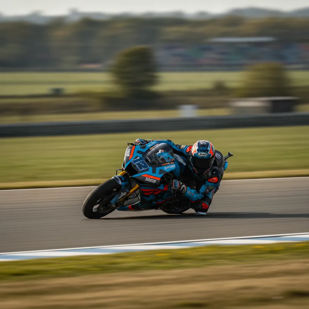A MotoGP rider cornering at high speed on a race track.