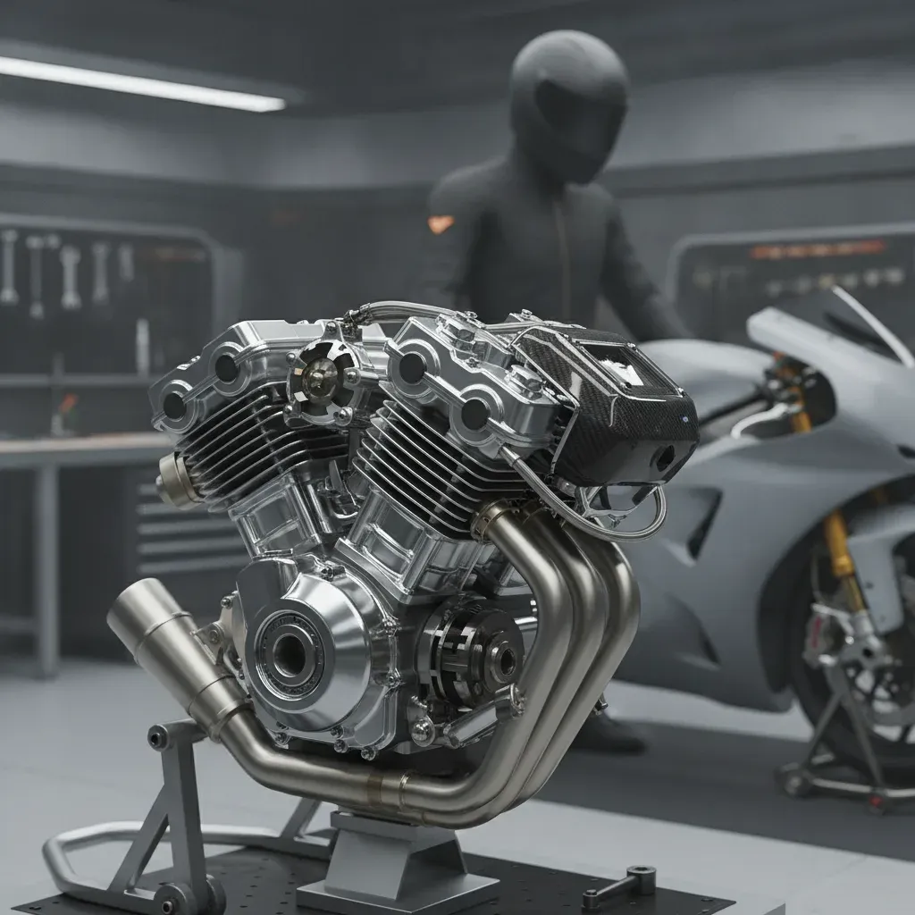 A close-up view of a new 850cc MotoGP engine sitting on a stand in a clean workshop.
