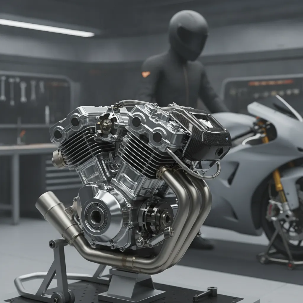 A close-up view of a new 850cc MotoGP engine sitting on a stand in a clean workshop.