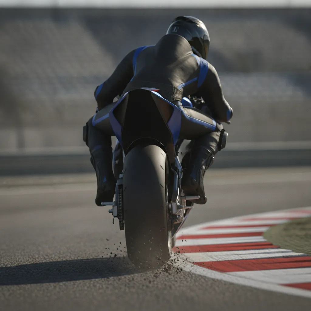 The rear tyre of a MotoGP-style bike gripping the track surface as it accelerates out of a corner.