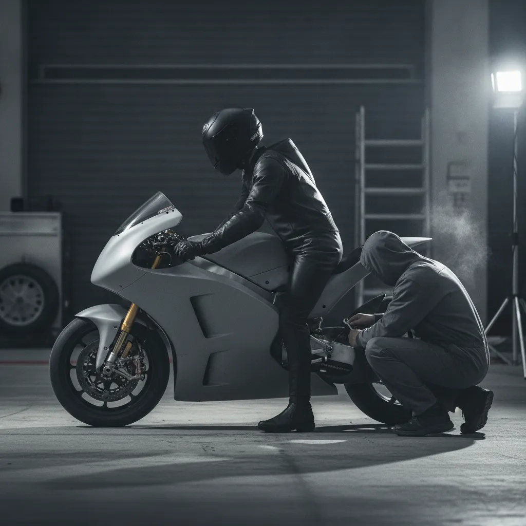 A sleek, grey MotoGP prototype with reduced aerodynamics being checked by a mechanic in the pit lane.