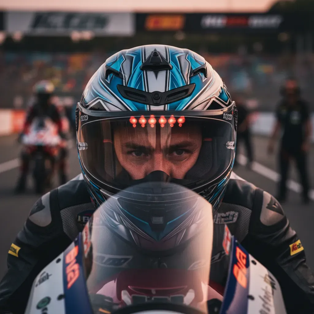The tense moments before a MotoGP Sprint Race begins. A tight, eye-level shot focusing on a rider's helmet. Their gaze i