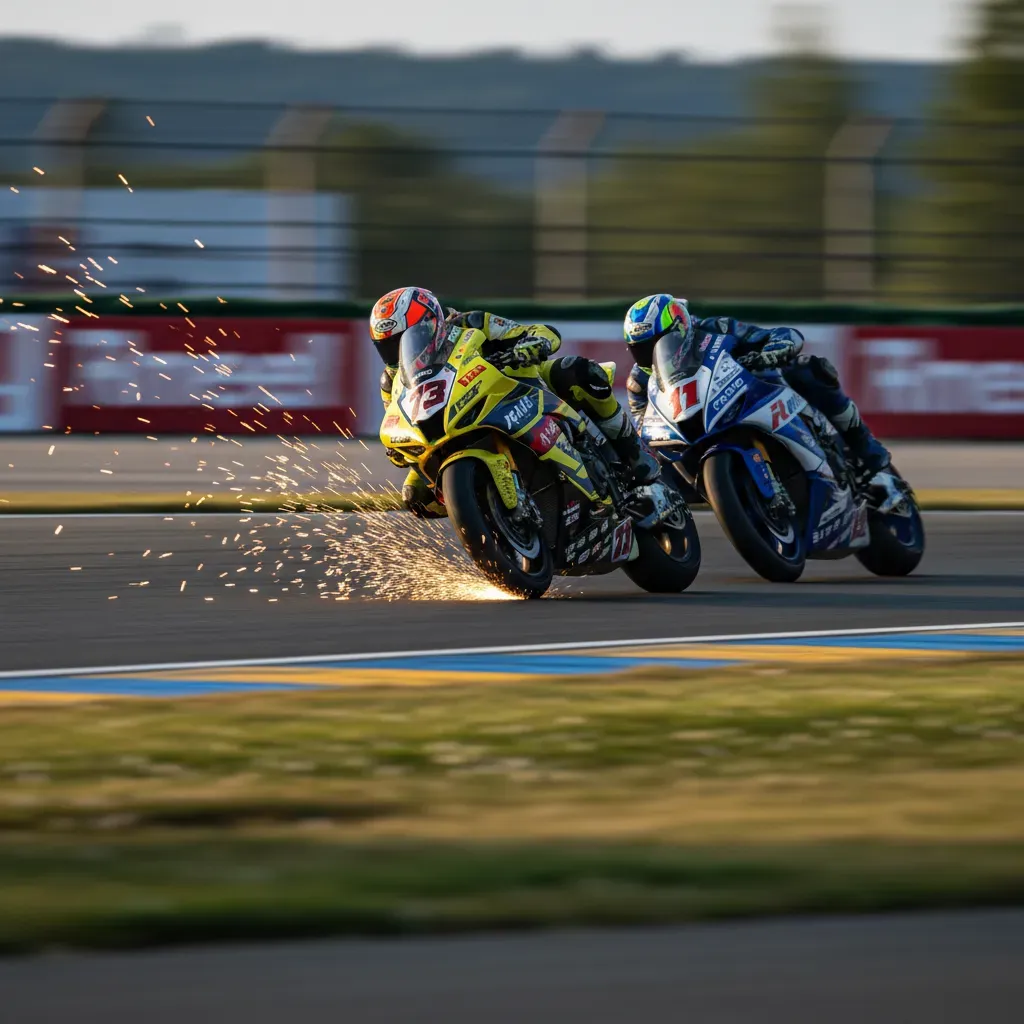 Illustrating the 'flat-out dash' nature of the Sprint. A dynamic, motion-blurred shot of two superbikes side-by-side thr