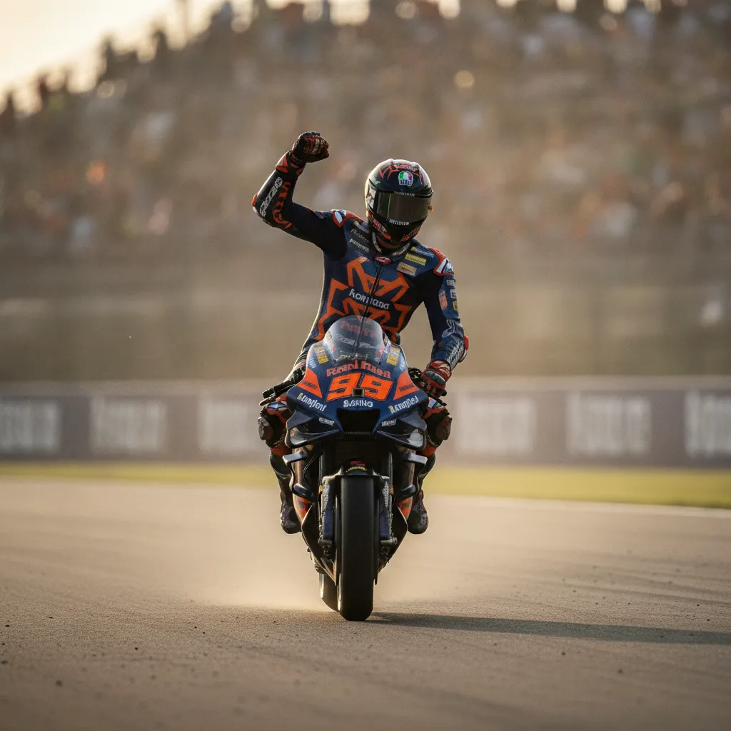 A MotoGP rider celebrates enthusiastically on his bike after winning a Saturday Sprint race.