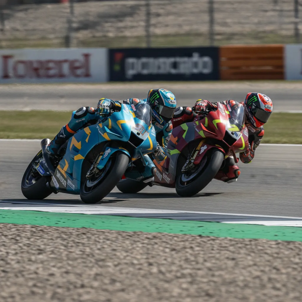 A close-up action shot of two MotoGP riders racing wheel-to-wheel through a corner.