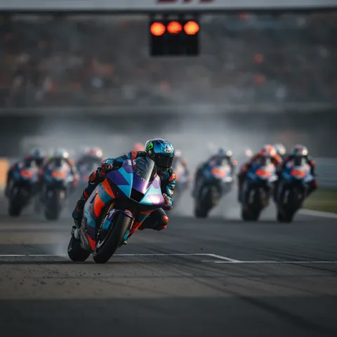 A wide shot of the MotoGP grid launching forward at the start of an intense Sprint race.