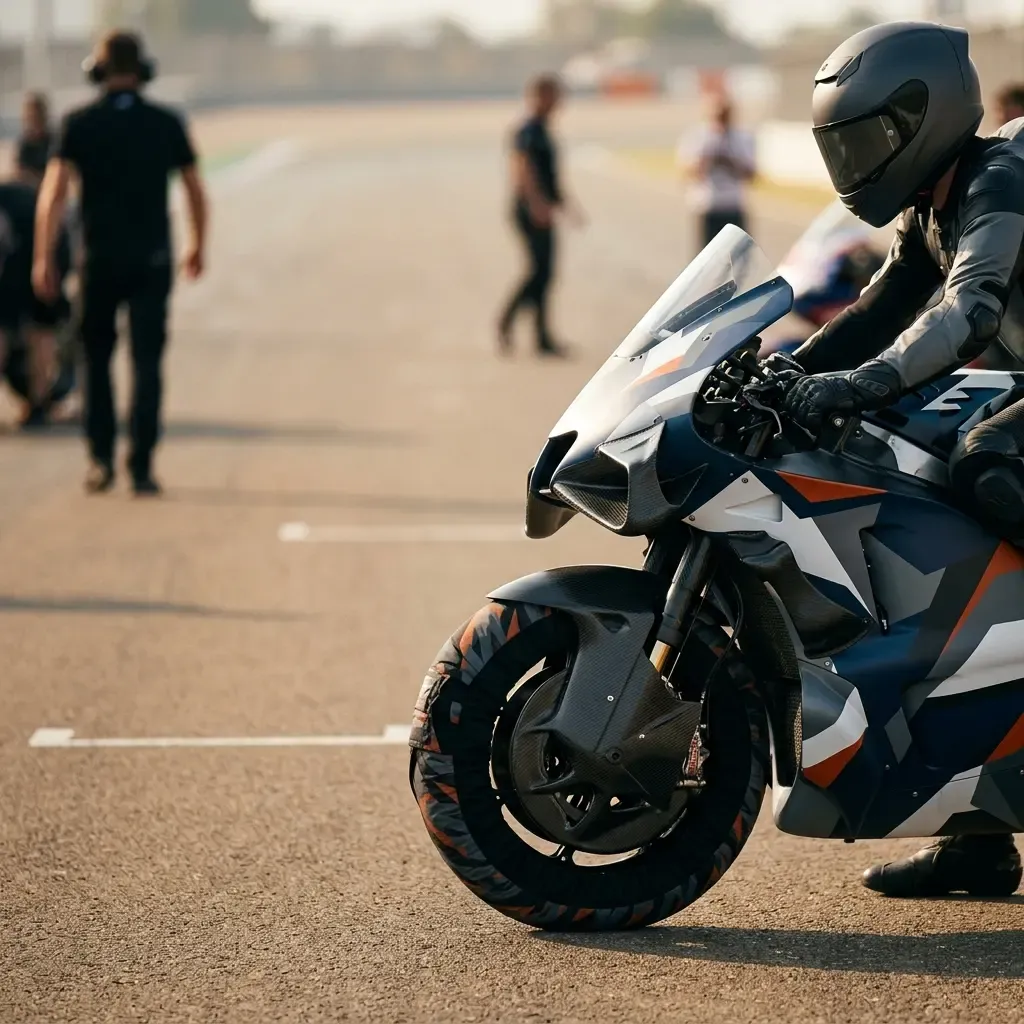 A low-angle shot from the starting grid just before a race. The focus is sharp on the gleaming front wheel and aerodynam