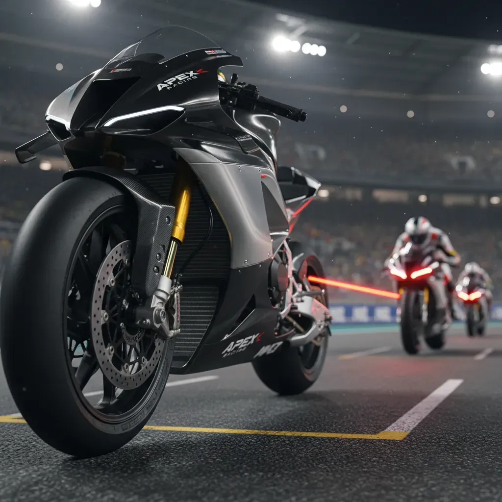 A low-angle shot from the starting grid just before a race. The focus is sharp on the gleaming front wheel and aerodynam