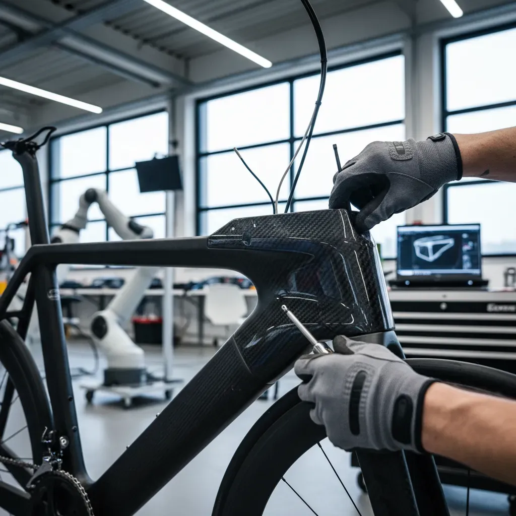 A close-up, macro-style shot of a mechanic's gloved hands carefully fitting a brand-new, gleaming carbon fibre part onto