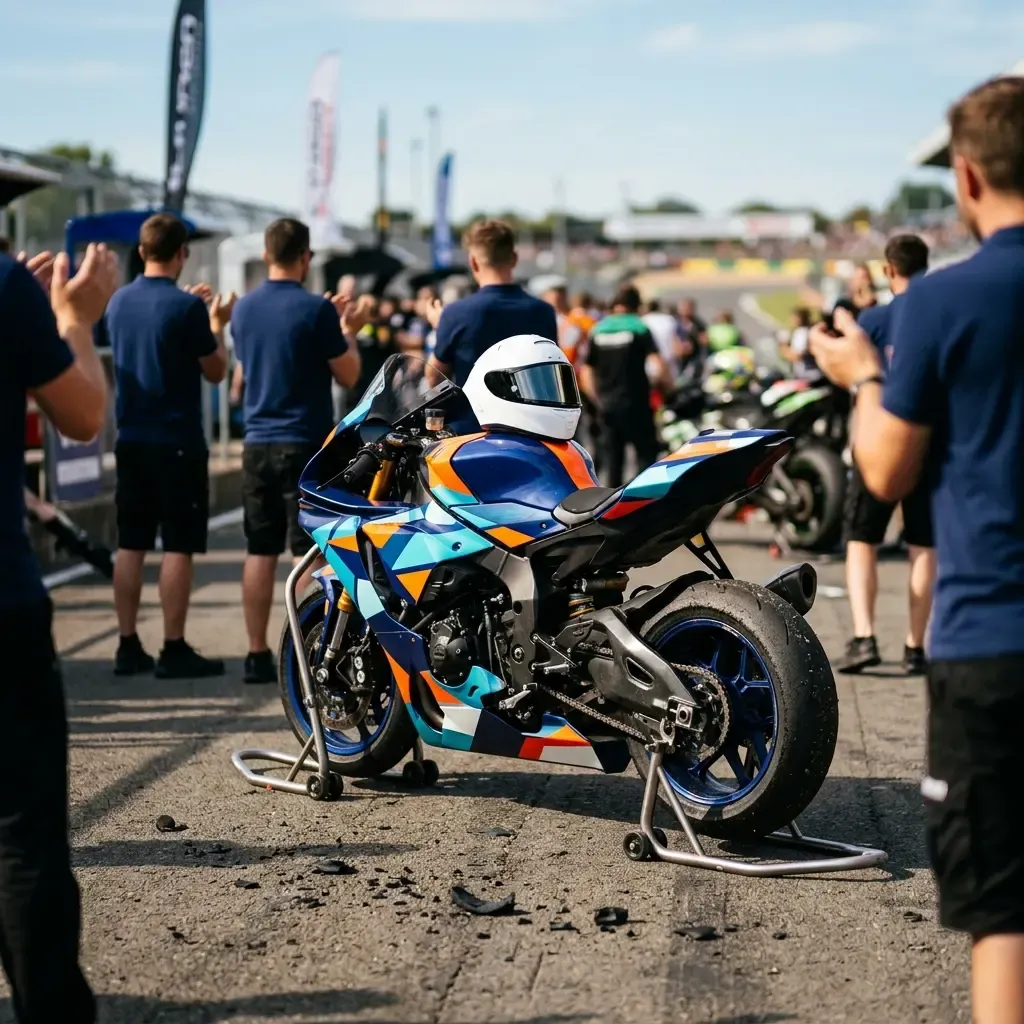 An emotional, atmospheric shot of an independent team's crew chief and rider embracing in parc fermé after a surprise po