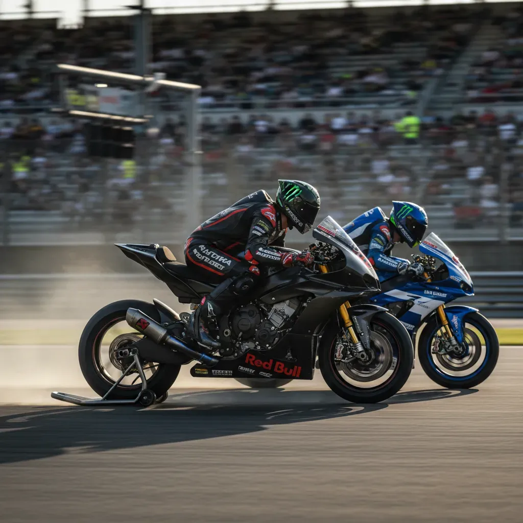 A dramatic side-profile action shot of two anonymous race bikes launching off the starting line. The bike in the foregro