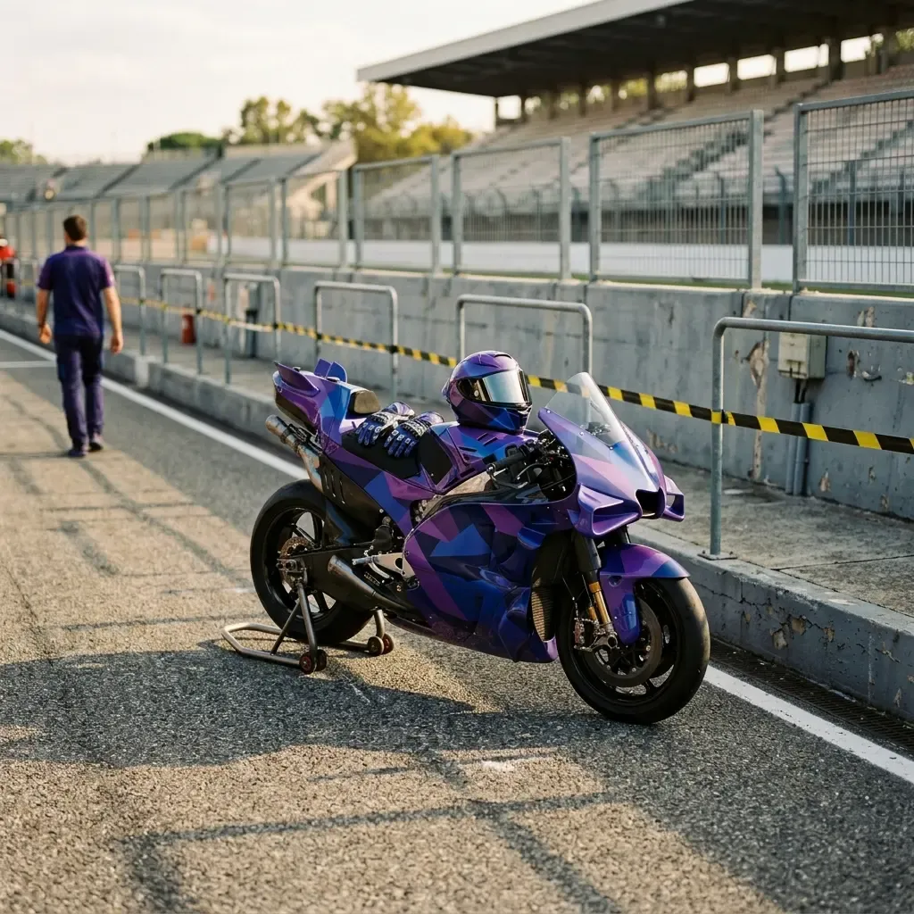 An atmospheric, quiet moment after a race. A single, unbranded prototype race bike rests in the parc fermé area, lit by