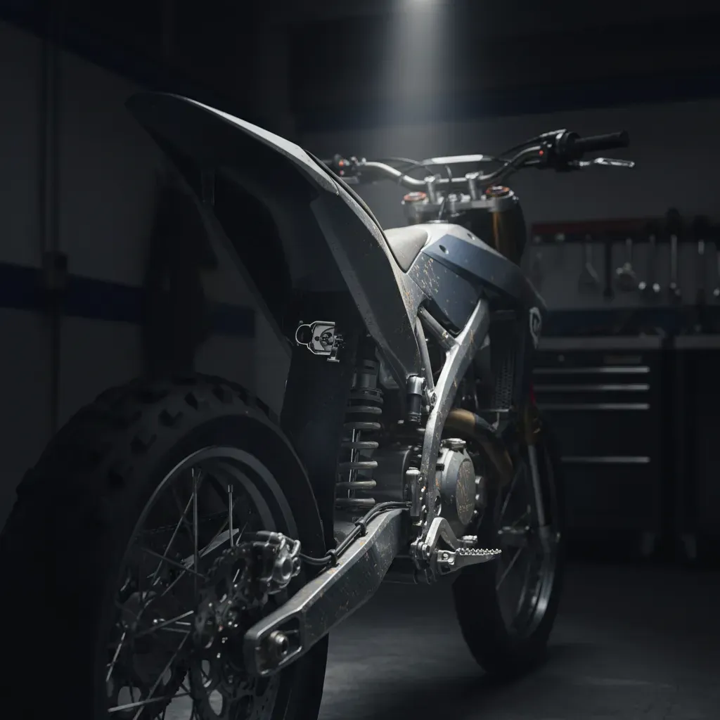 An atmospheric, quiet moment after a race. A single, unbranded prototype race bike rests in the parc fermé area, lit by 