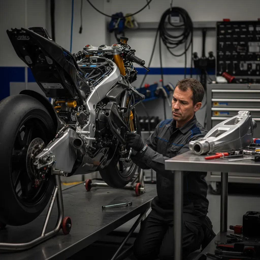 Inside a brightly lit MotoGP garage, a mechanic in unbranded team wear carefully fits a raw, unpainted carbon fibre swin