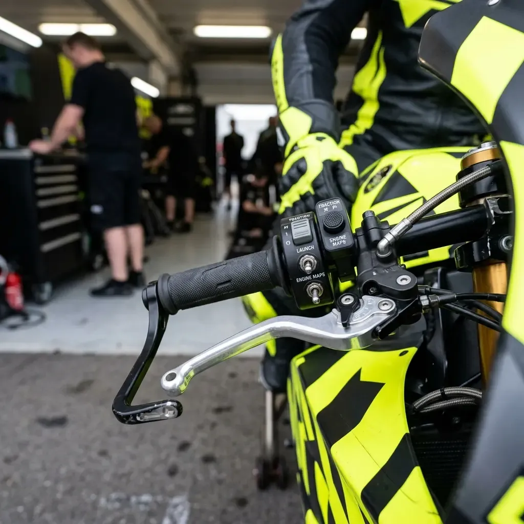 A close-up shot focusing on a MotoGP rider's gloved hand on the left handlebar mid-corner. The thumb is hovering over a