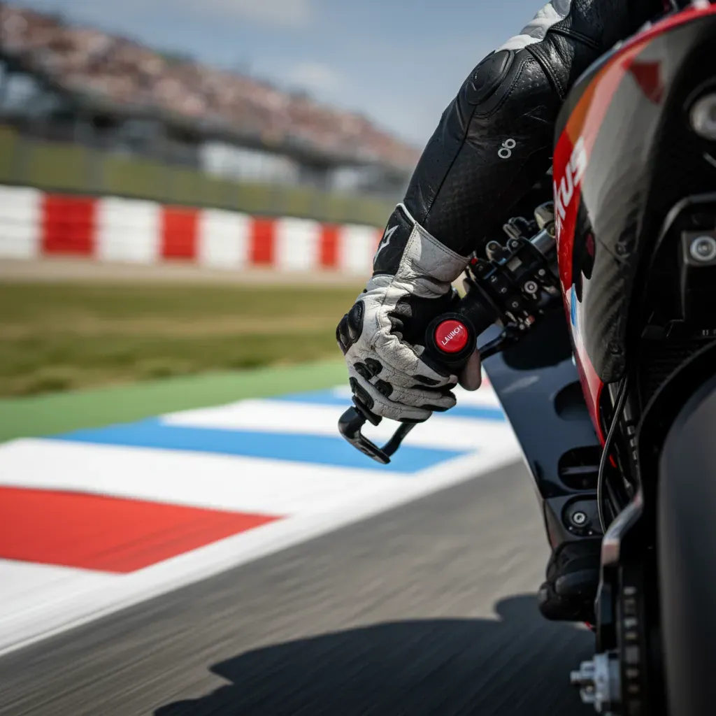 A close-up shot focusing on a MotoGP rider's gloved hand on the left handlebar mid-corner. The thumb is hovering over a 