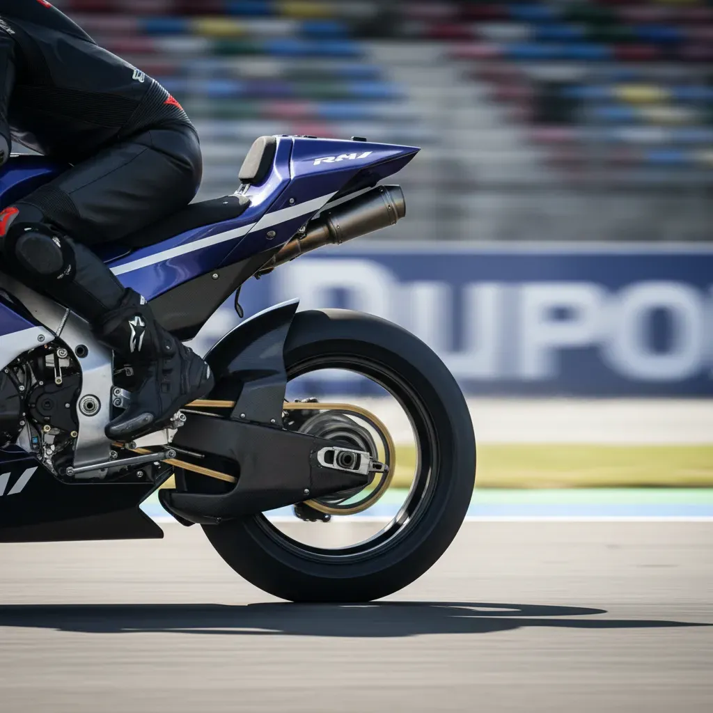 A side-profile, detailed shot of the rear half of a MotoGP bike, frozen in time as it rockets down a straight. The rear 