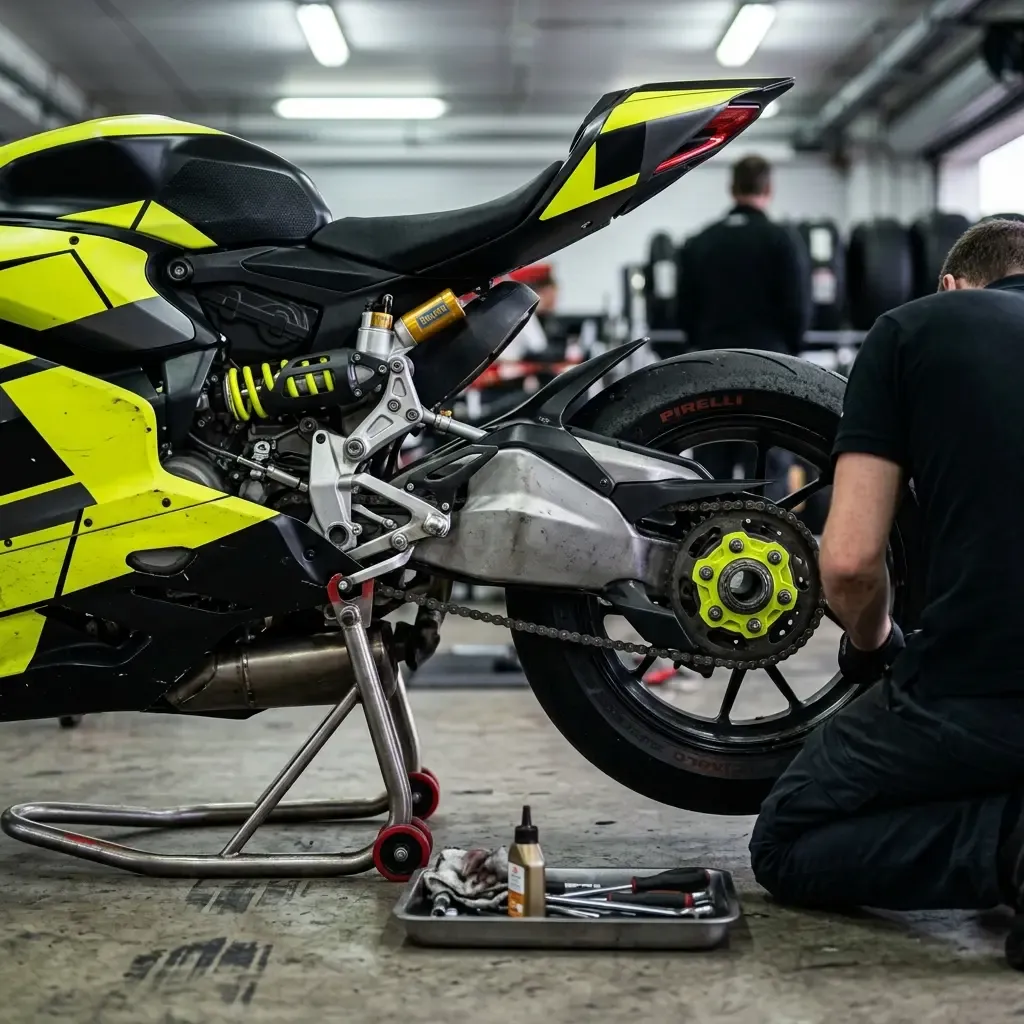A side-profile, detailed shot of the rear half of a MotoGP bike, frozen in time as it rockets down a straight. The rear