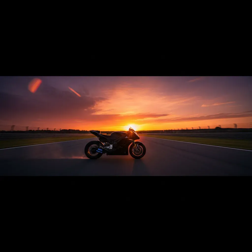 An atmospheric, wide shot of a lone MotoGP bike as a silhouette against a dramatic, colourful sunset at the end of a lon