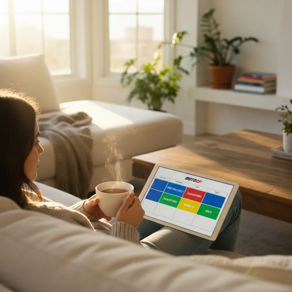 A bright and airy living room scene on a Sunday morning. A person is relaxing on a plush sofa with a cup of tea. On the 