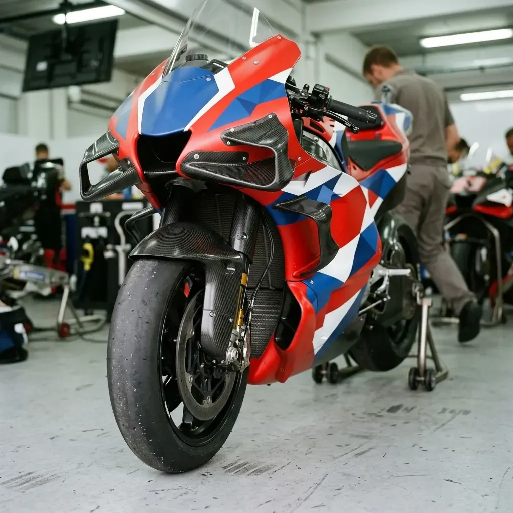 A close-up view of the intricate aerodynamic wings on the front of a stationary MotoGP bike in a garage.