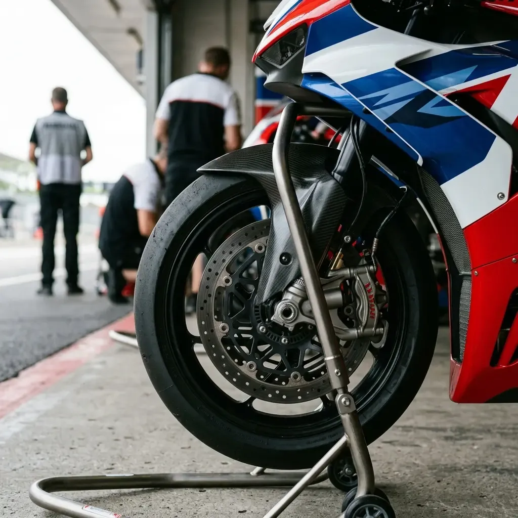 A MotoGP bike and rider seen braking heavily into a corner, with the back wheel slightly off the ground.