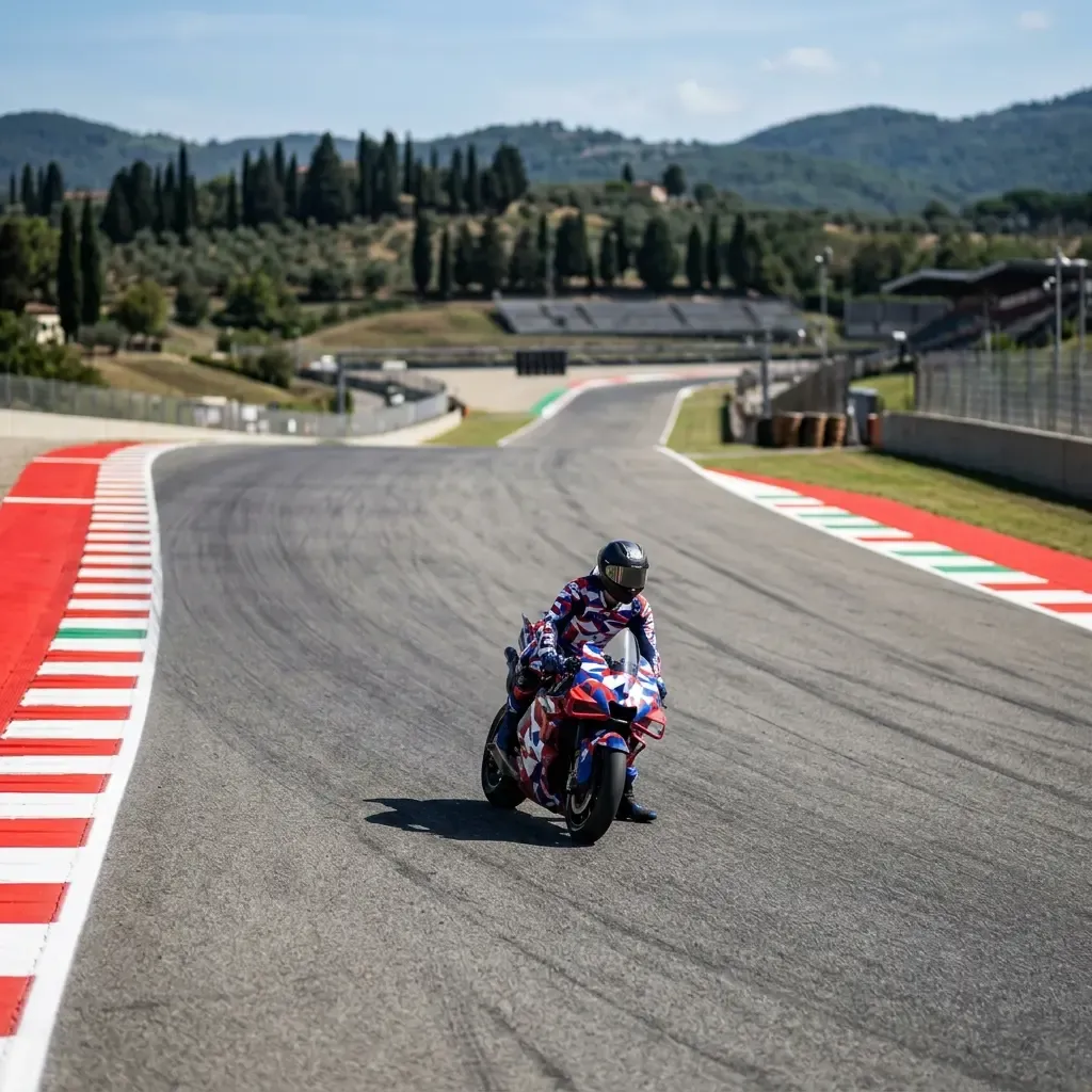 A wide view of the very long and empty main straight at the Mugello circuit, with the Italian landscape in the background.