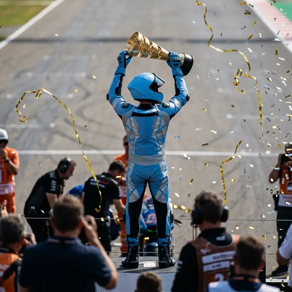 Three MotoGP riders celebrating on the podium by spraying sparkling wine after a race.