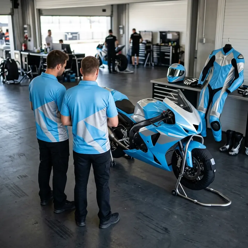 Two team members working on a MotoGP bike inside a professional team garage.