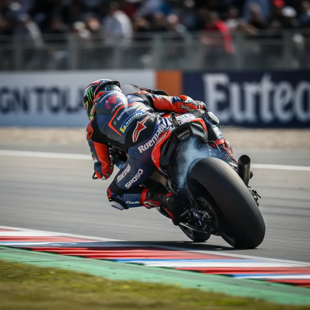 A close-up, photorealistic action shot from behind a MotoGP rider, showing their entire body shifted off the side of the