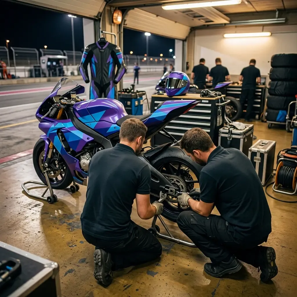 A moody, atmospheric shot of a lone, generic MotoGP bike being worked on by a single mechanic in a dimly lit garage afte