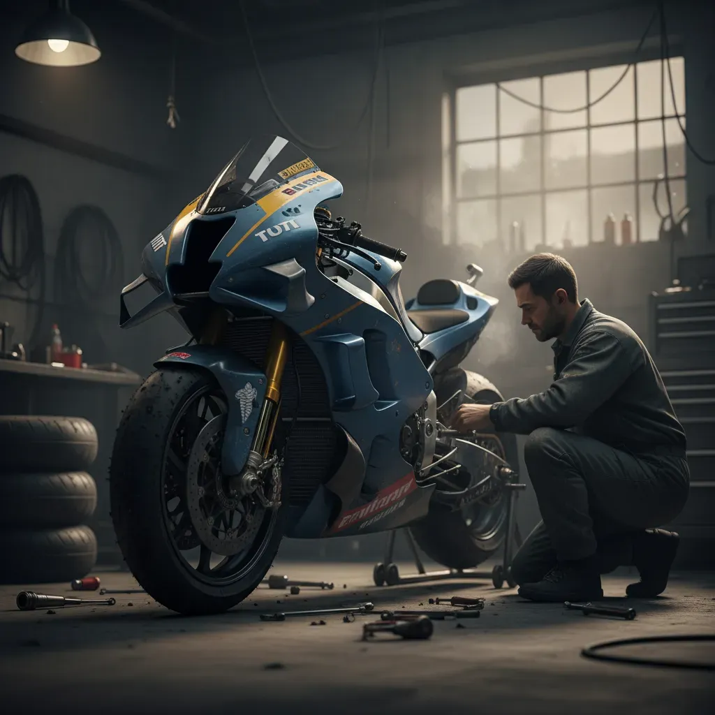 A moody, atmospheric shot of a lone, generic MotoGP bike being worked on by a single mechanic in a dimly lit garage afte