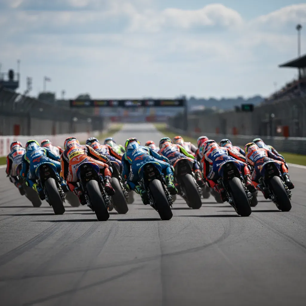 A low-angle trackside shot looking back at a tight pack of at least ten lightweight Moto3 motorcycles drafting each othe