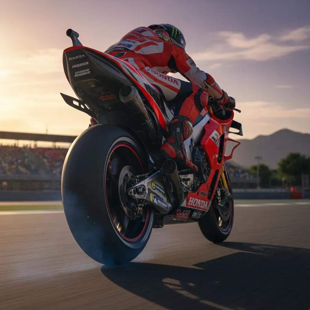 A rear three-quarter shot of a MotoGP prototype motorcycle exiting a slow corner under hard acceleration. The rear tyre 