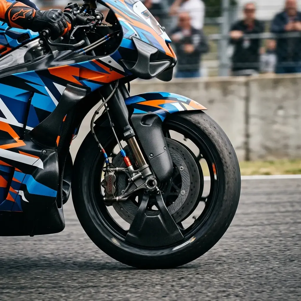 A tight, telephoto close-up on the rear wheel of a racing motorcycle during the warm-up lap's aggressive weave. The came