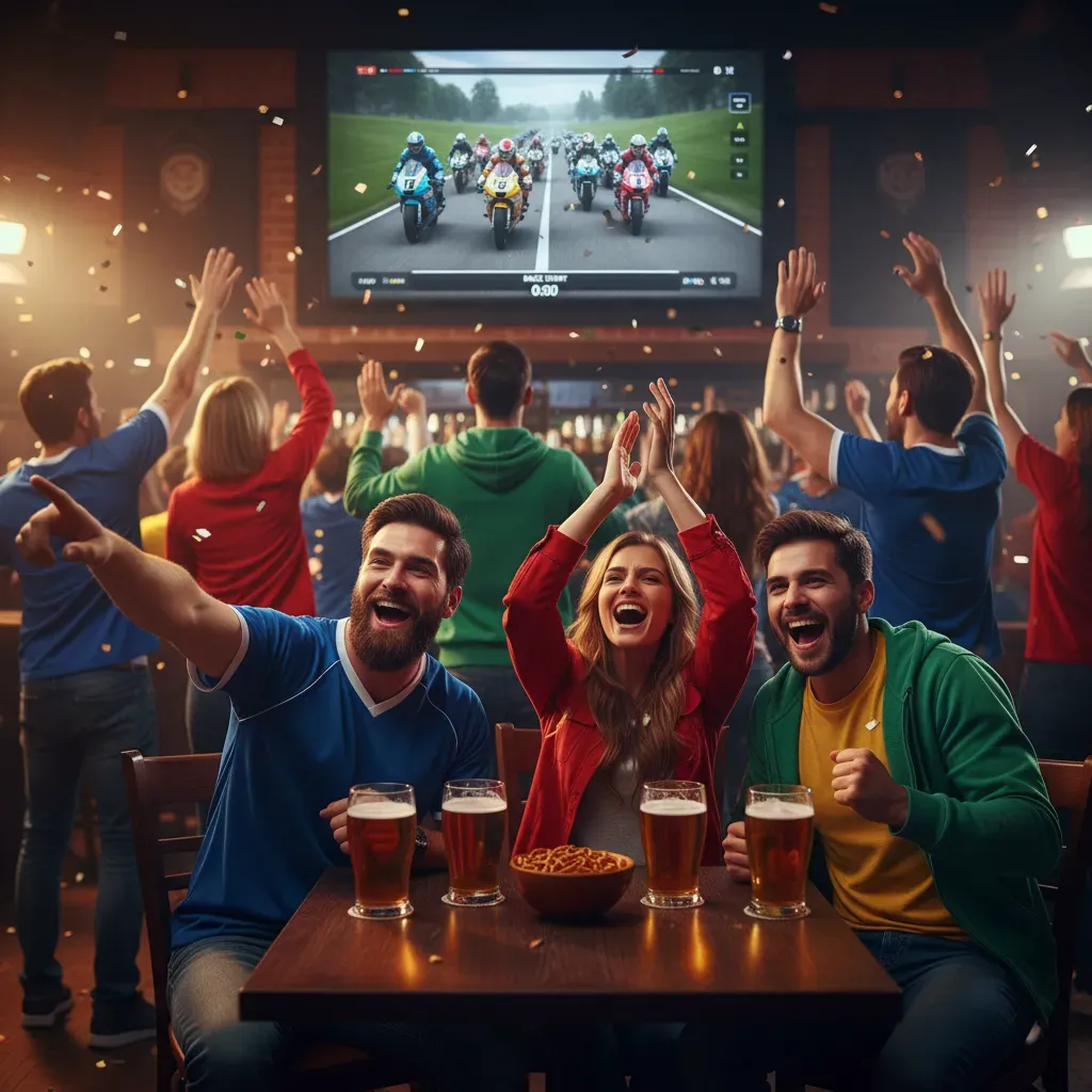 A lively sports bar on a Saturday afternoon, packed with fans wearing unbranded team colours. The focus is a group of fr