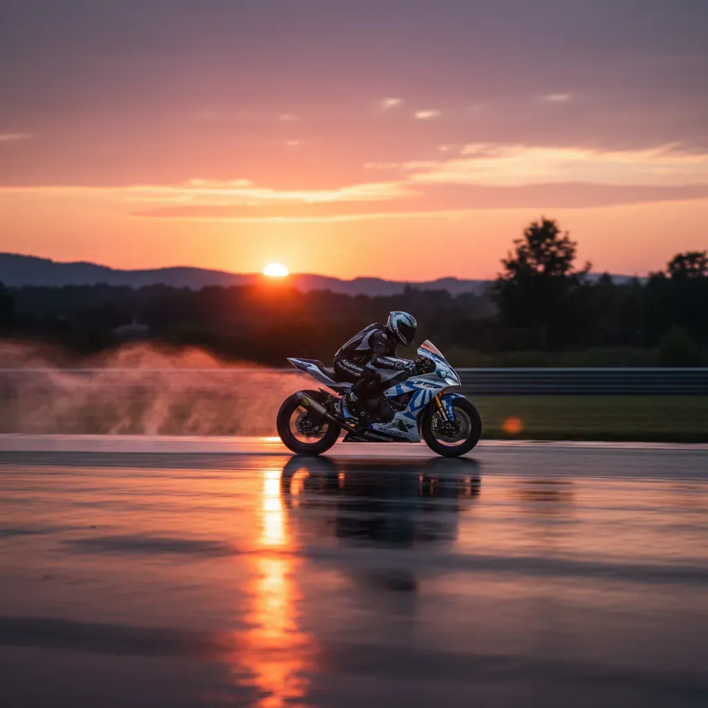 An atmospheric, wide shot of a lone rider on a generic race bike navigating a sweeping corner on a glistening, rain-soak
